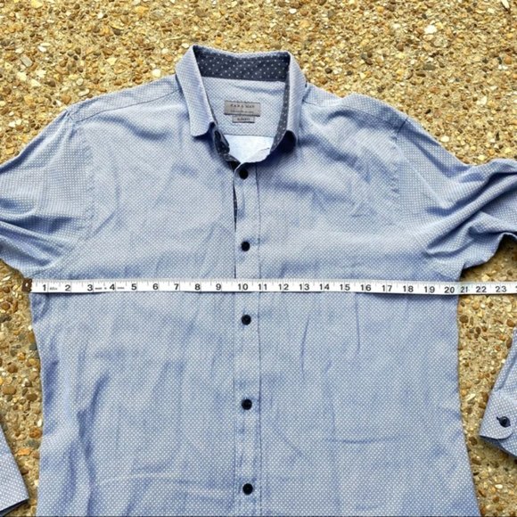 Zara Man Slim Fit Blue Button Down Patterned Long Sleeve Shirt Men’s Size L - Picture 6 of 11
